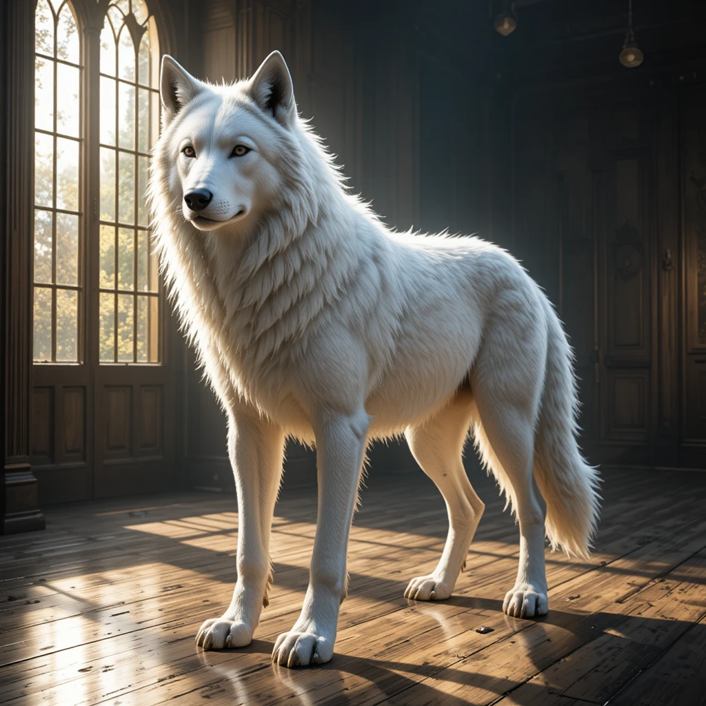 Lobo branco em pé sobre piso de madeira na suave luz da janela