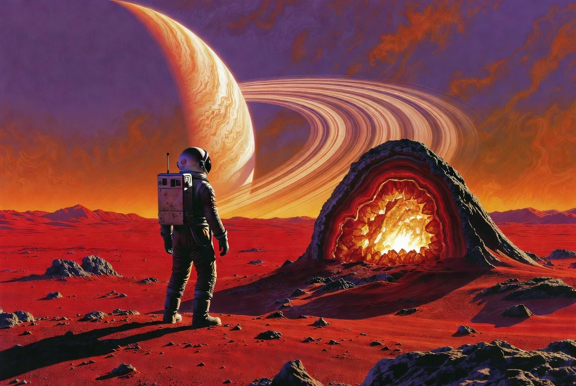Astronaut vor leuchtender Geode in karmesinroter Alien-Wüste