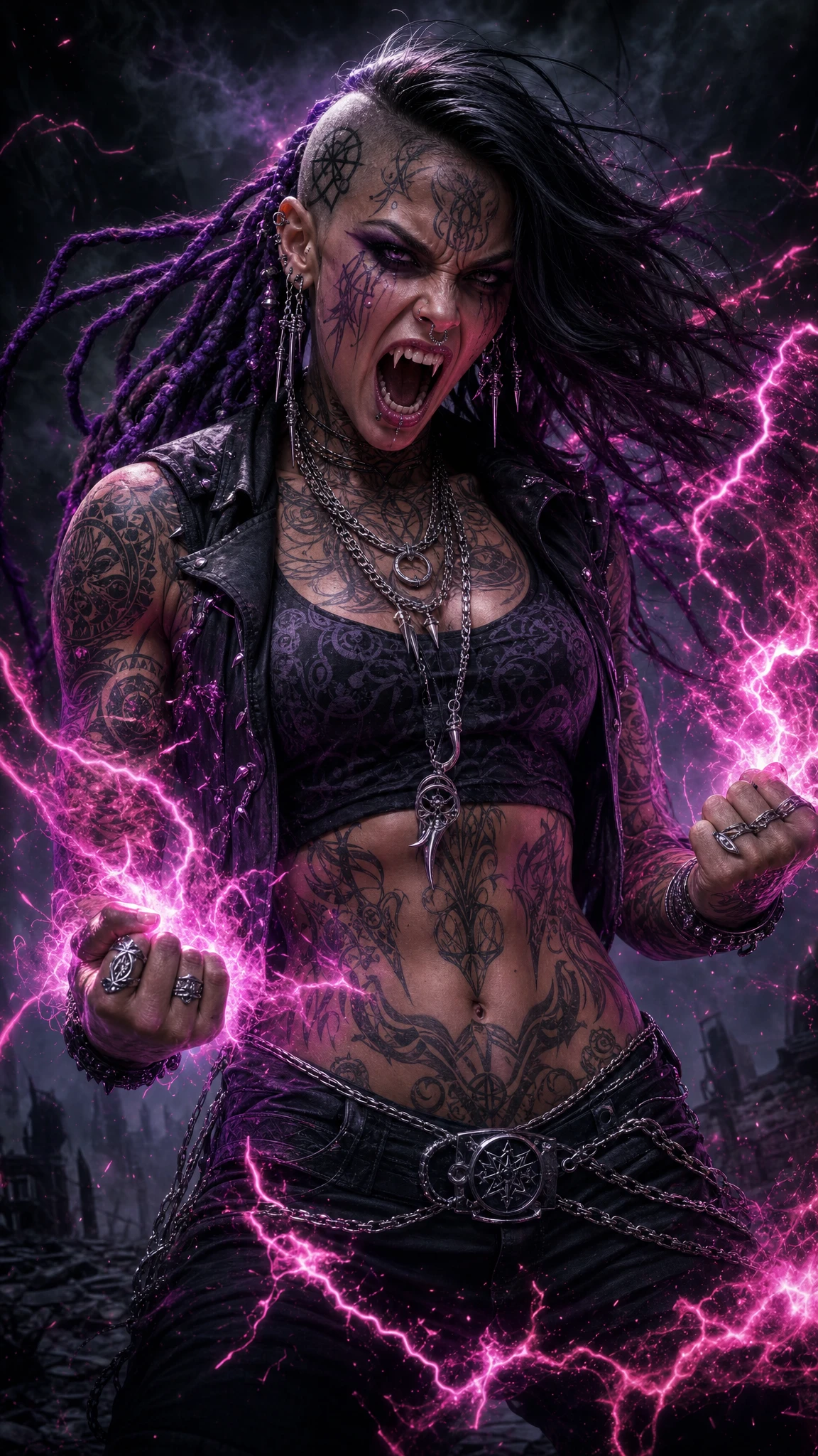 Donna gotica furiosa che brandisce energia arcana viola