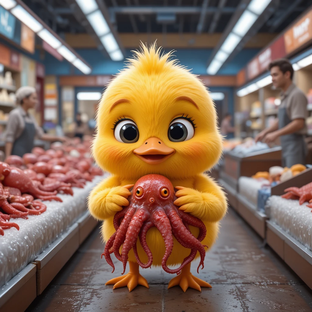Patinho fofo segurando um polvo vermelho em mercado de frutos do mar