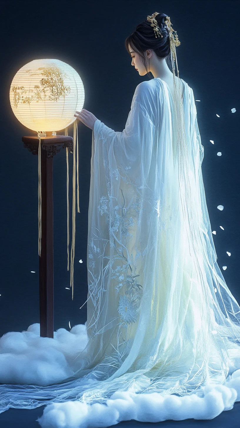 Mulher elegante de hanfu branco ao lado de orbe trançado brilhante