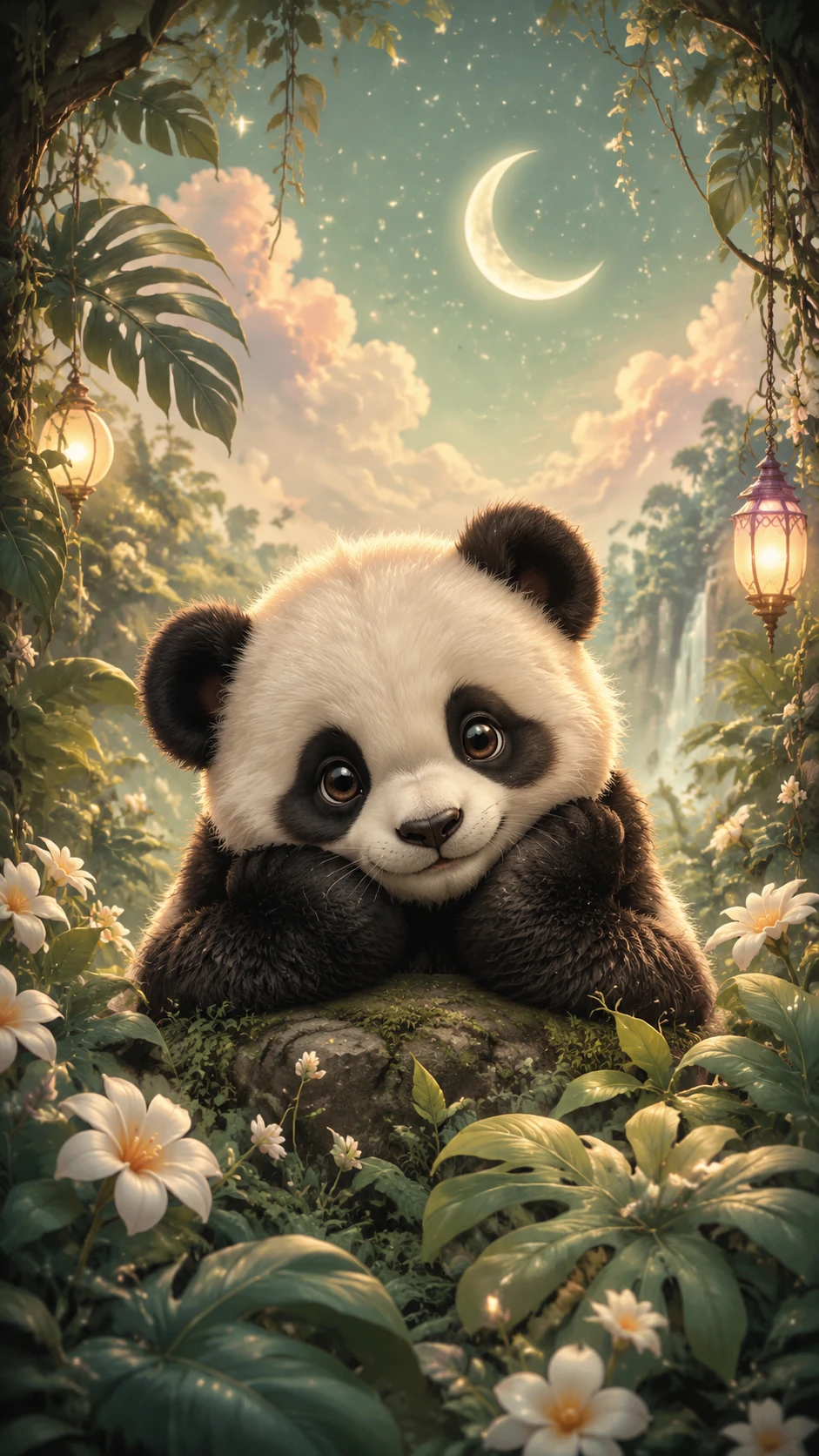 Adorável filhote de panda descansando em uma selva encantada