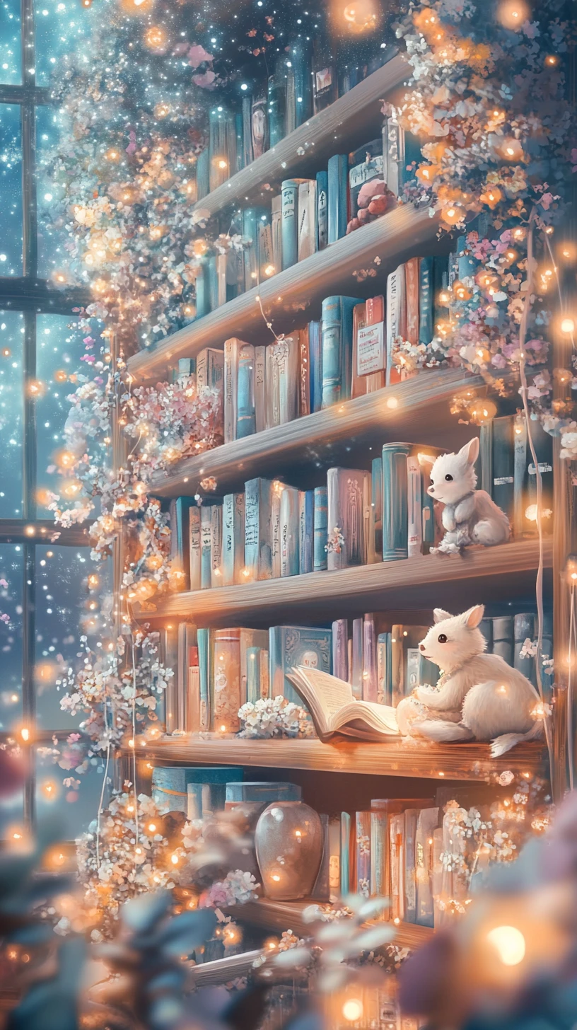 Dolci animali che leggono insieme accanto a una libreria pastello luminosa