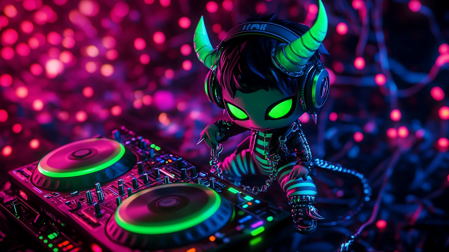 DJ demônio punk chibi mixando em toca-discos neon