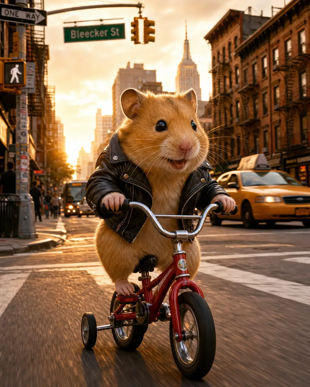 Dolce criceto in bicicletta per una soleggiata strada di New York
