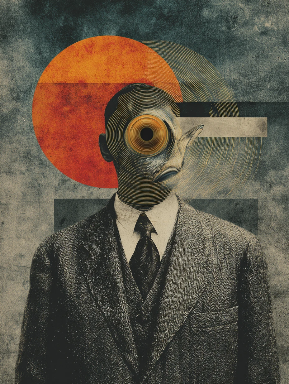 Colagem vintage surreal e sombria com composição minimalista