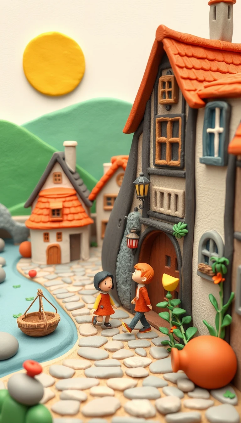 Illustration enfantine de village en pâte à modeler avec habitants en promenade