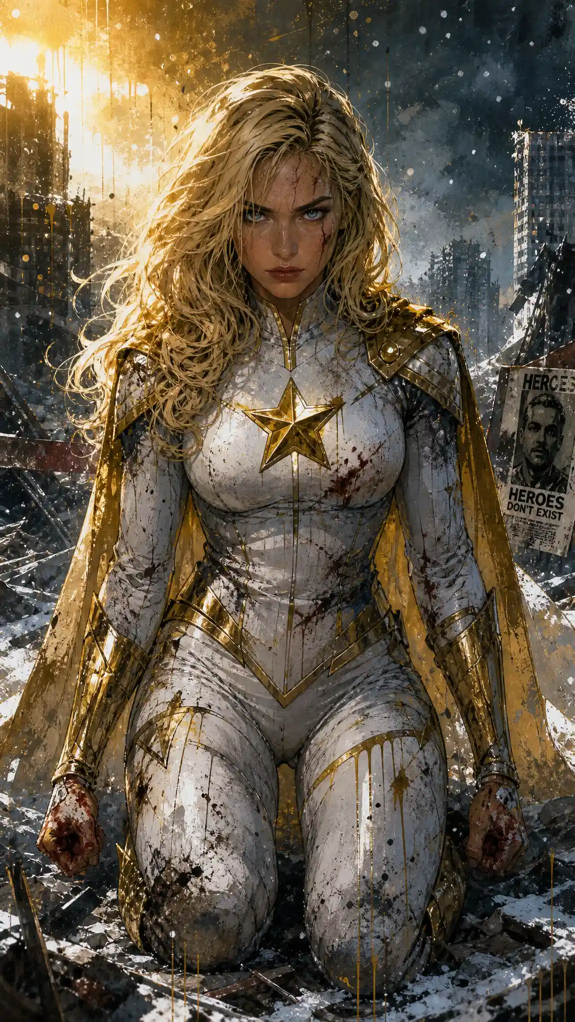 Intense heroine in ruined snowy city with dramatic rim light