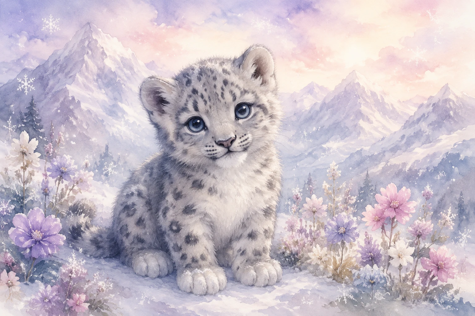 粉彩雪花中可愛的小雪豹寶寶