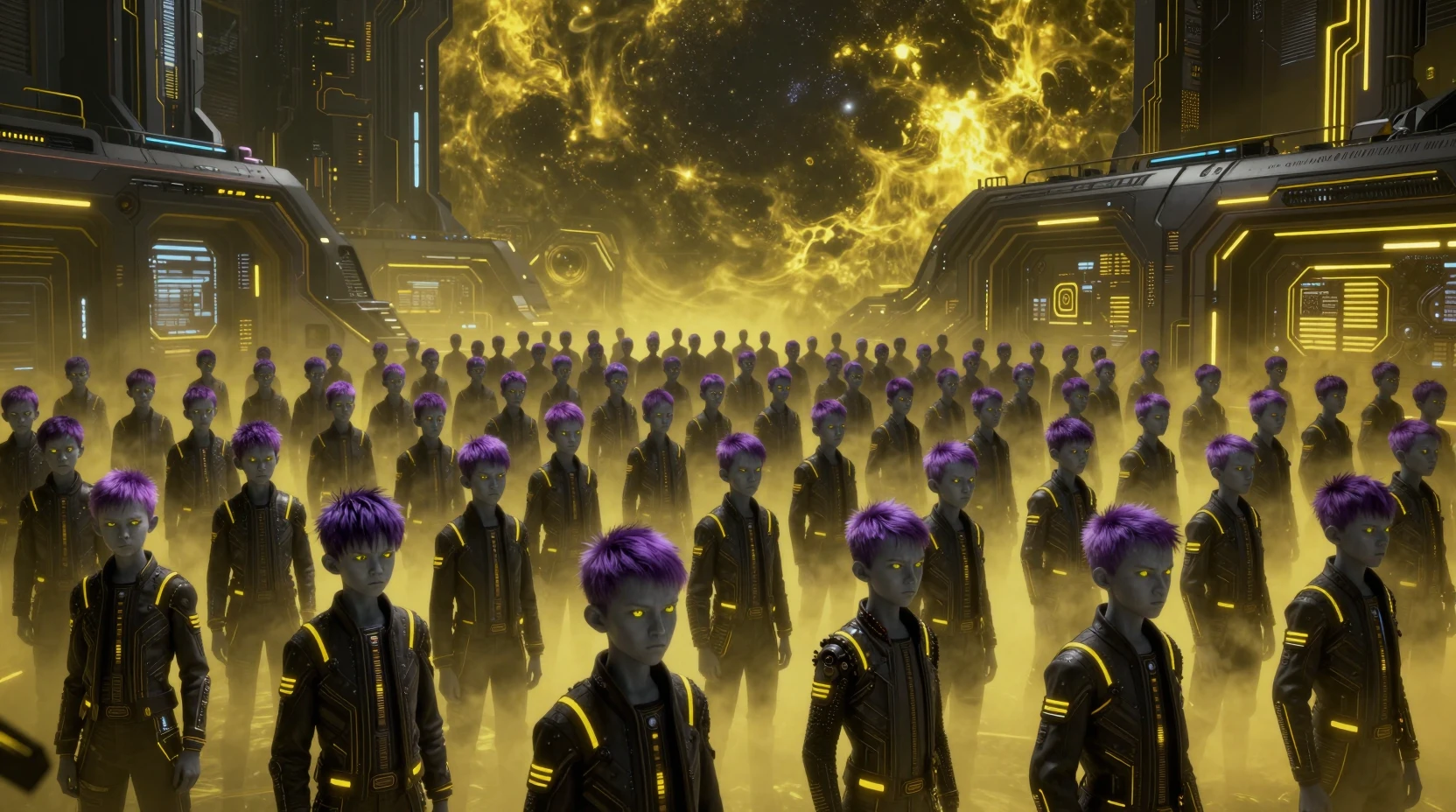 Immense foule de garçons adolescents de science‑fiction dans un complexe néon