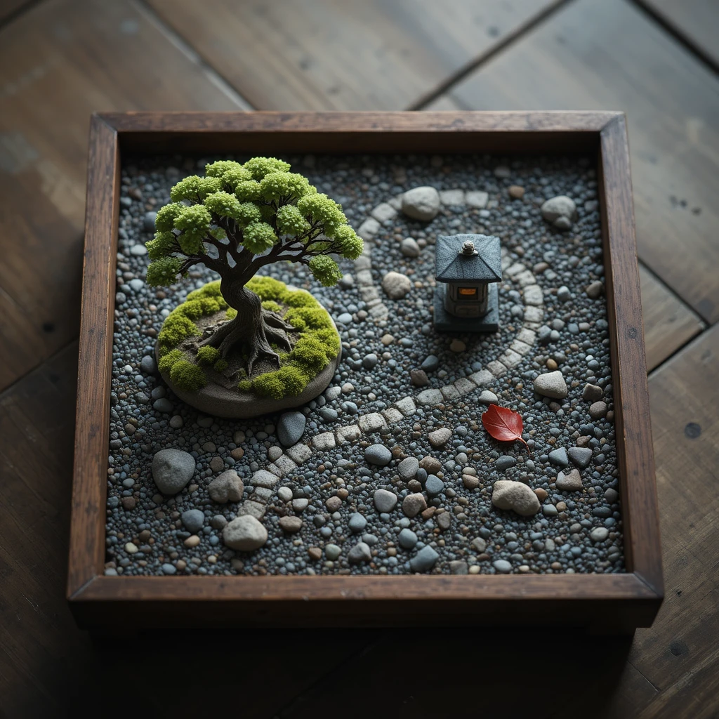 Miniatur-Diorama eines japanischen Zen-Gartens in Holztablett