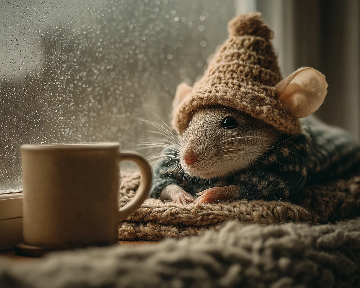 Rato de desenho animado sonolento cochilando em um peitoril de janela aconchegante