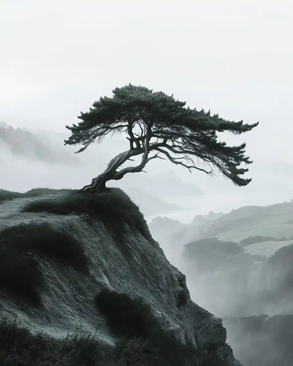 薄霧與狂風中的山脊上一棵孤獨的柏樹