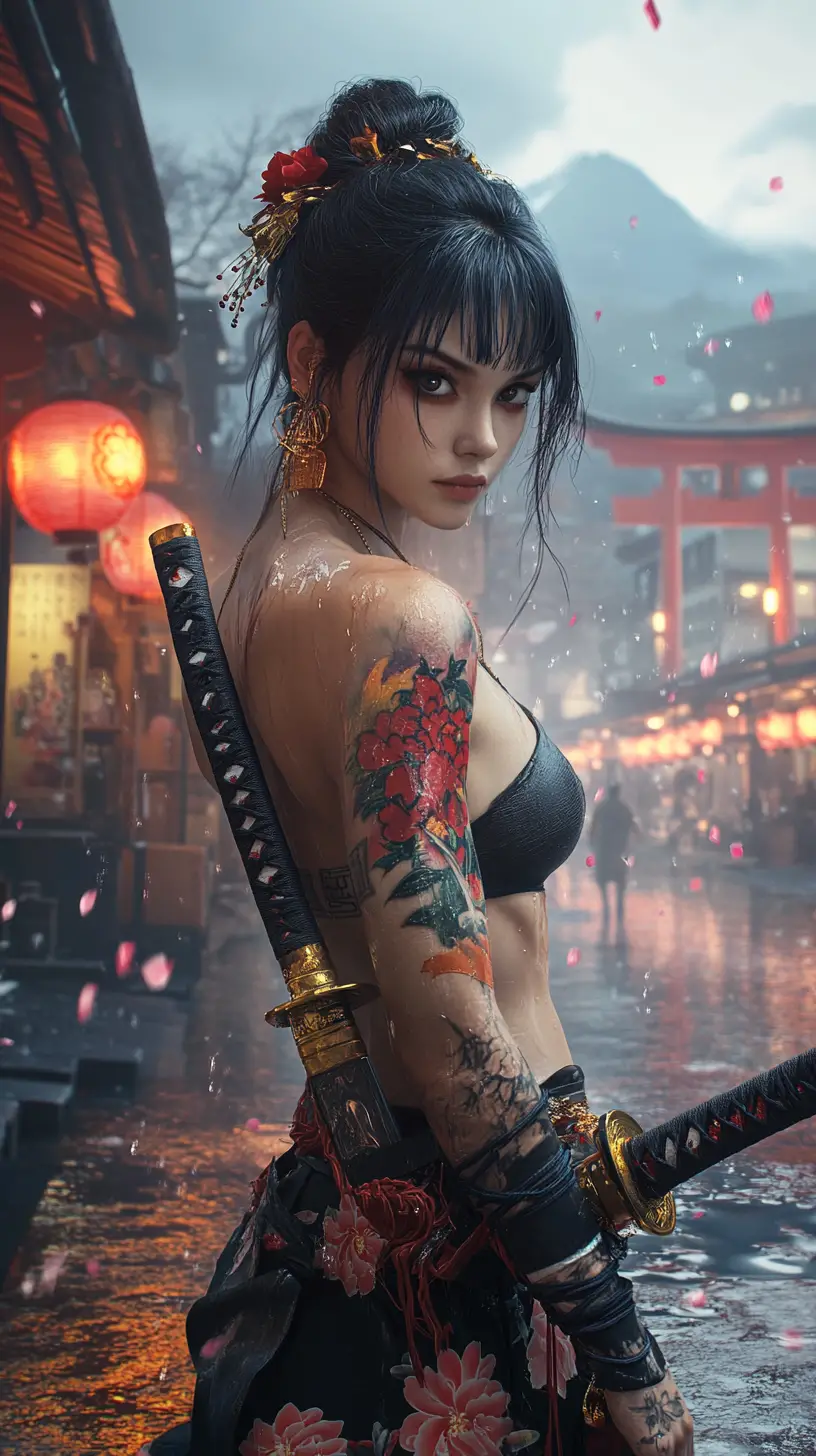 Guerrière japonaise tatouée avec katana lumineux de nuit