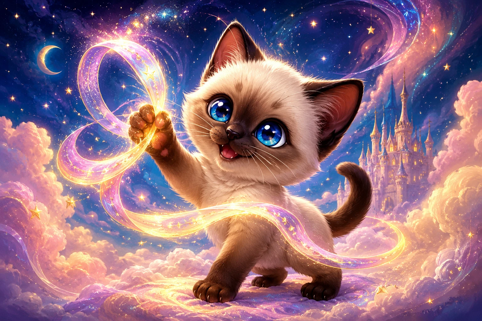 Filhote de gato siamês fofo com fita mágica brilhante – ilustração