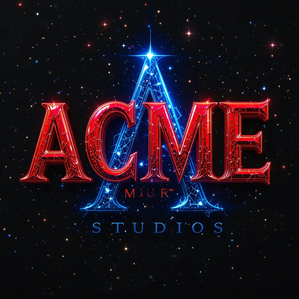 Glänzendes rotes Studio-Logo mit blauem Symbol im Sternenfeld