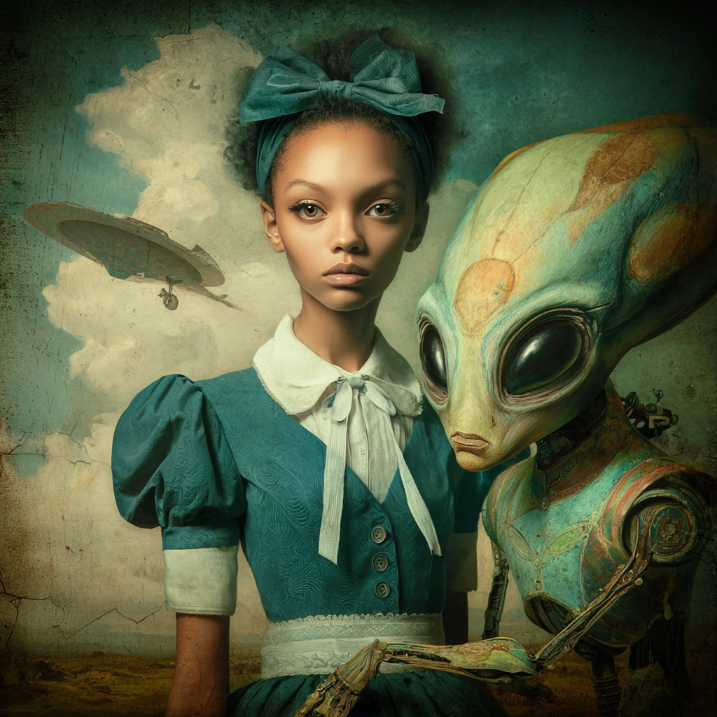 Antagoniste alien surréaliste dans un paysage onirique cinématographique et vibrant