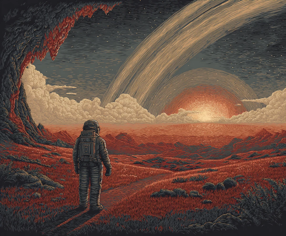 Astronaut vor leuchtender Geode in karmesinroter Alien-Wüste