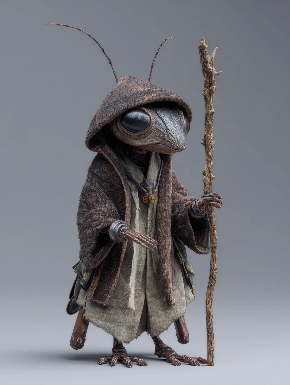 Sorcier humanoïde fourmi sage tenant un bâton en art 3D