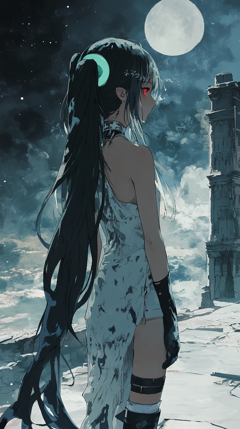Garota de anime em sacada de torre com vista para ruínas no deserto