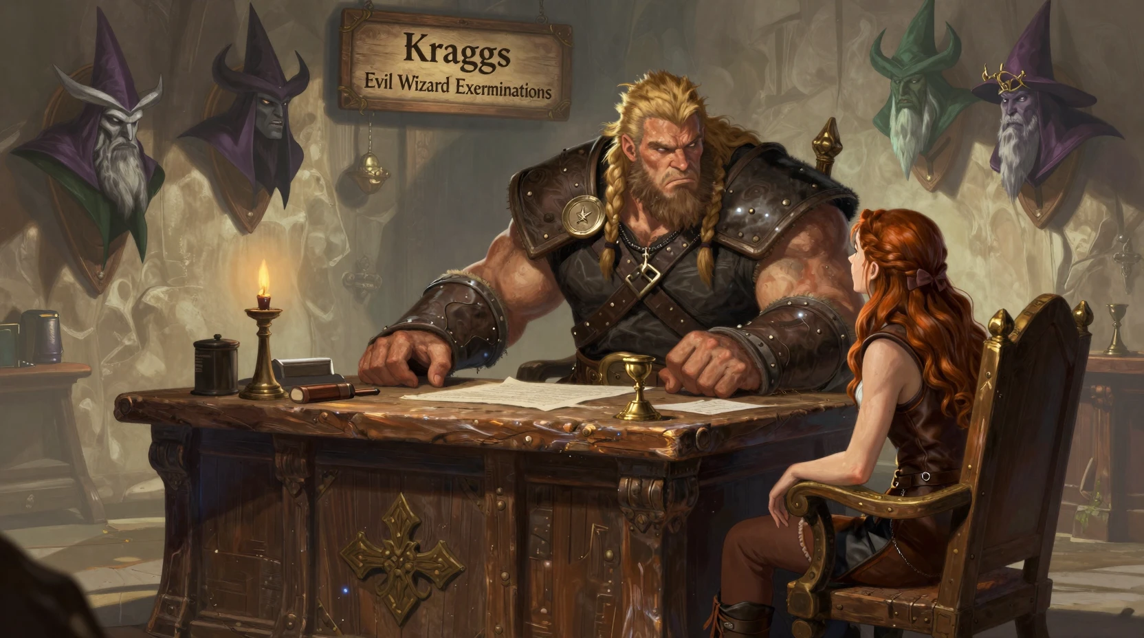 Bárbaro musculoso em uma mesa de fantasia em um escritório de mago