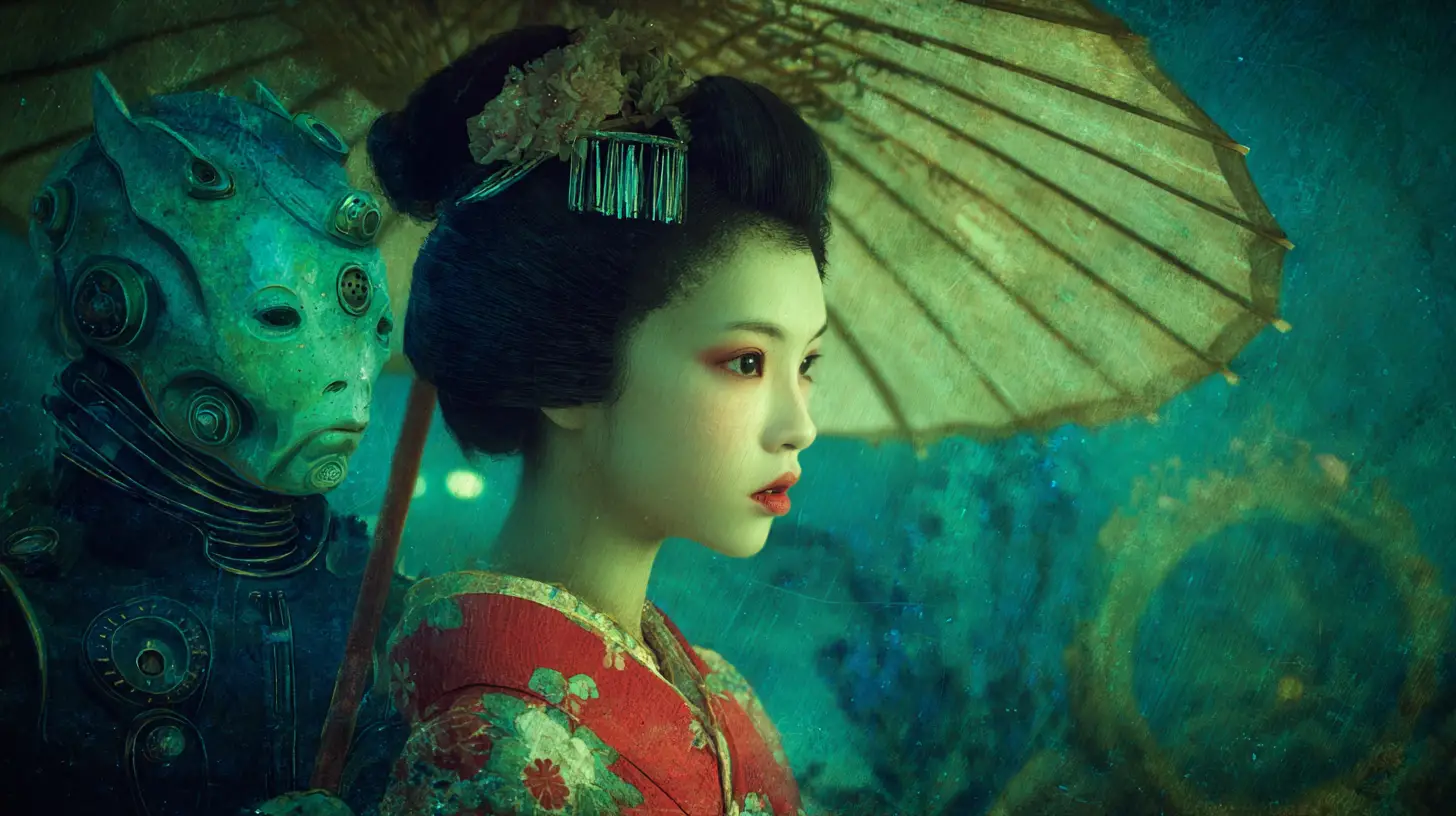 Antagonista surreal de estilo geisha en una escena onírica de inspiración alienígena