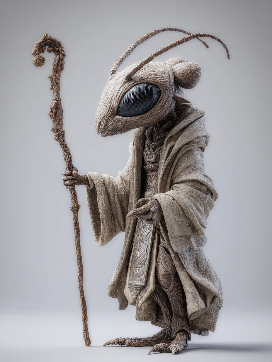 Wise ant humanoid wizard in a cloak holding a staff