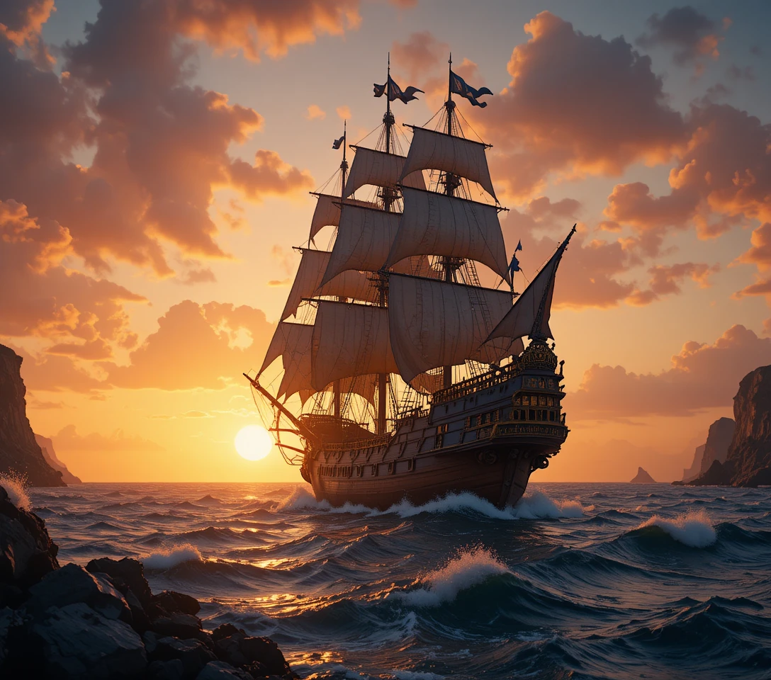 Navio pirata majestoso navegando ao pôr do sol em mar agitado
