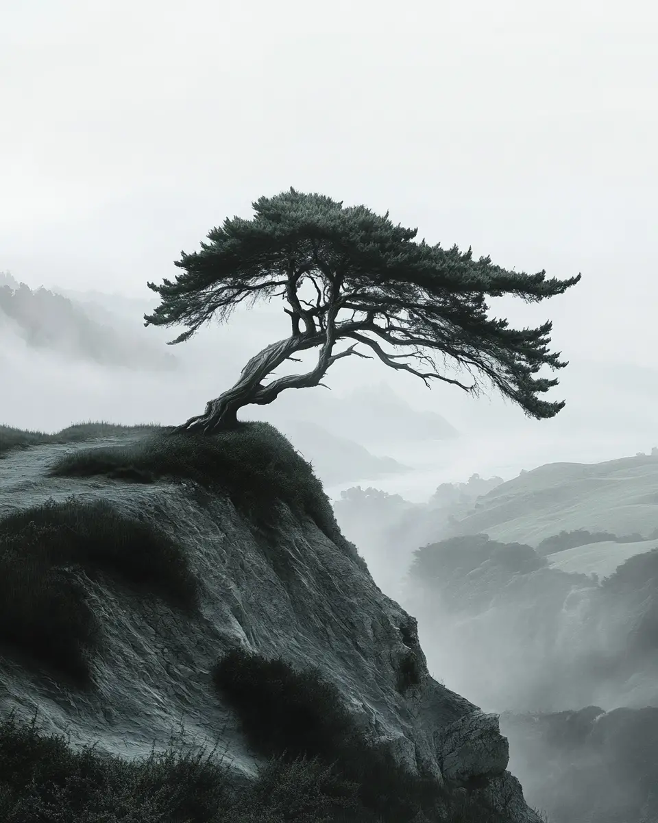 薄霧與狂風中的山脊上一棵孤獨的柏樹