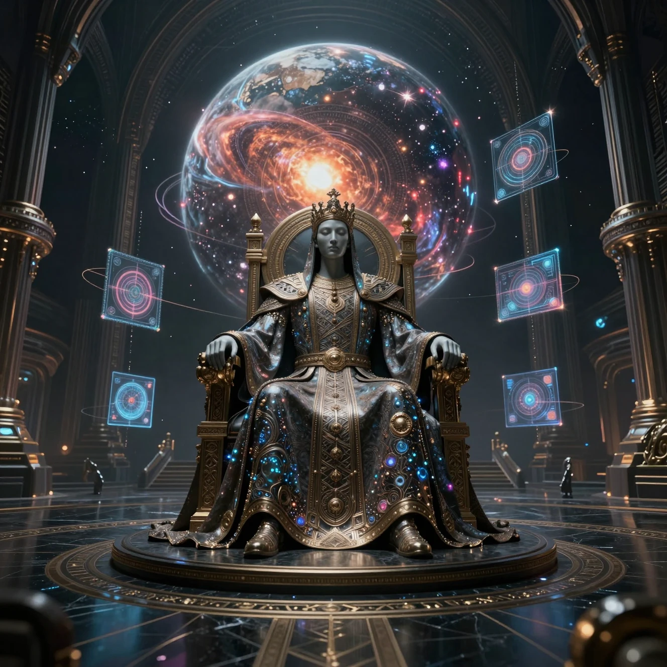Posthumaner Imperator auf einem kosmischen Thron in einer gewaltigen dunklen Halle