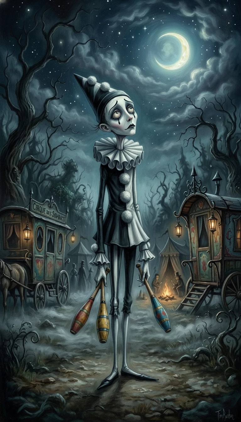 Pierrot gothique mélancolique au clair de lune dans un cirque médiéval
