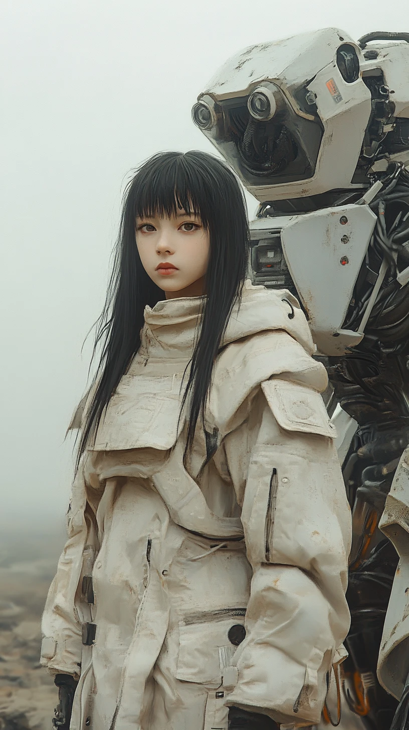 Mädchen im taktischen Mantel mit riesigem Sci‑Fi‑Mech‑Wächter