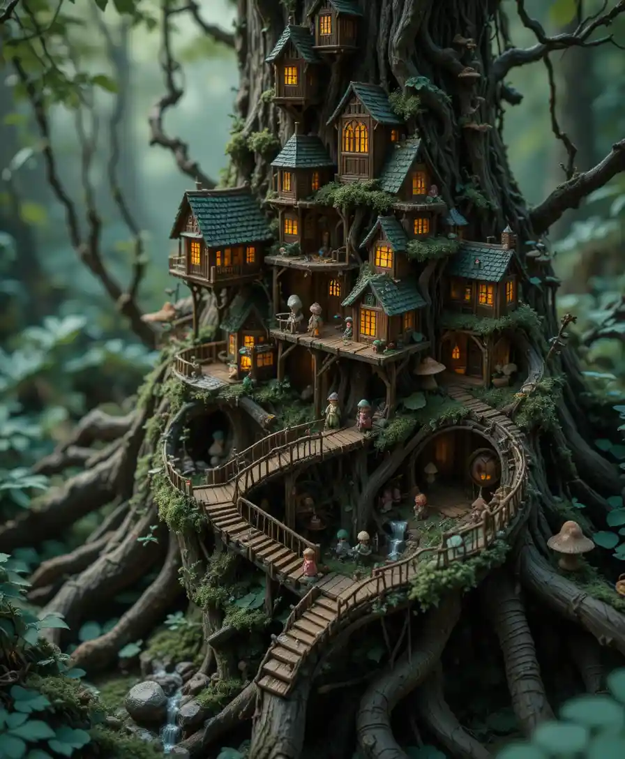 Miniatur-Baumhausdorf in uralten Waldbewurzeln