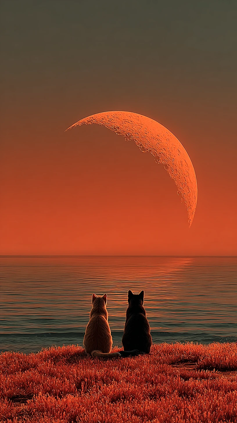 Two cats watching a giant moon over the sea