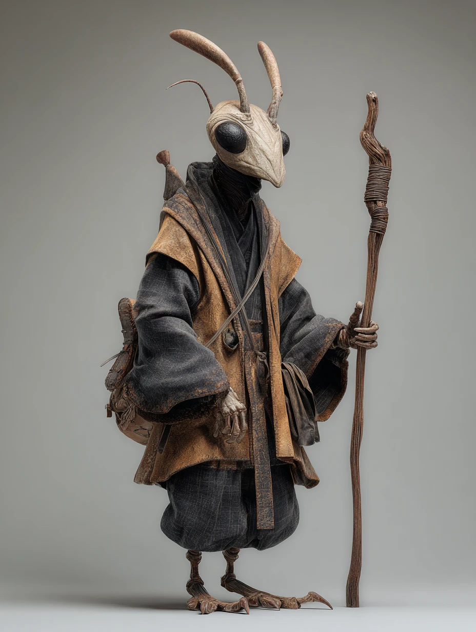 Sorcier fourmi humanoïde sage tenant un bâton en art 3D