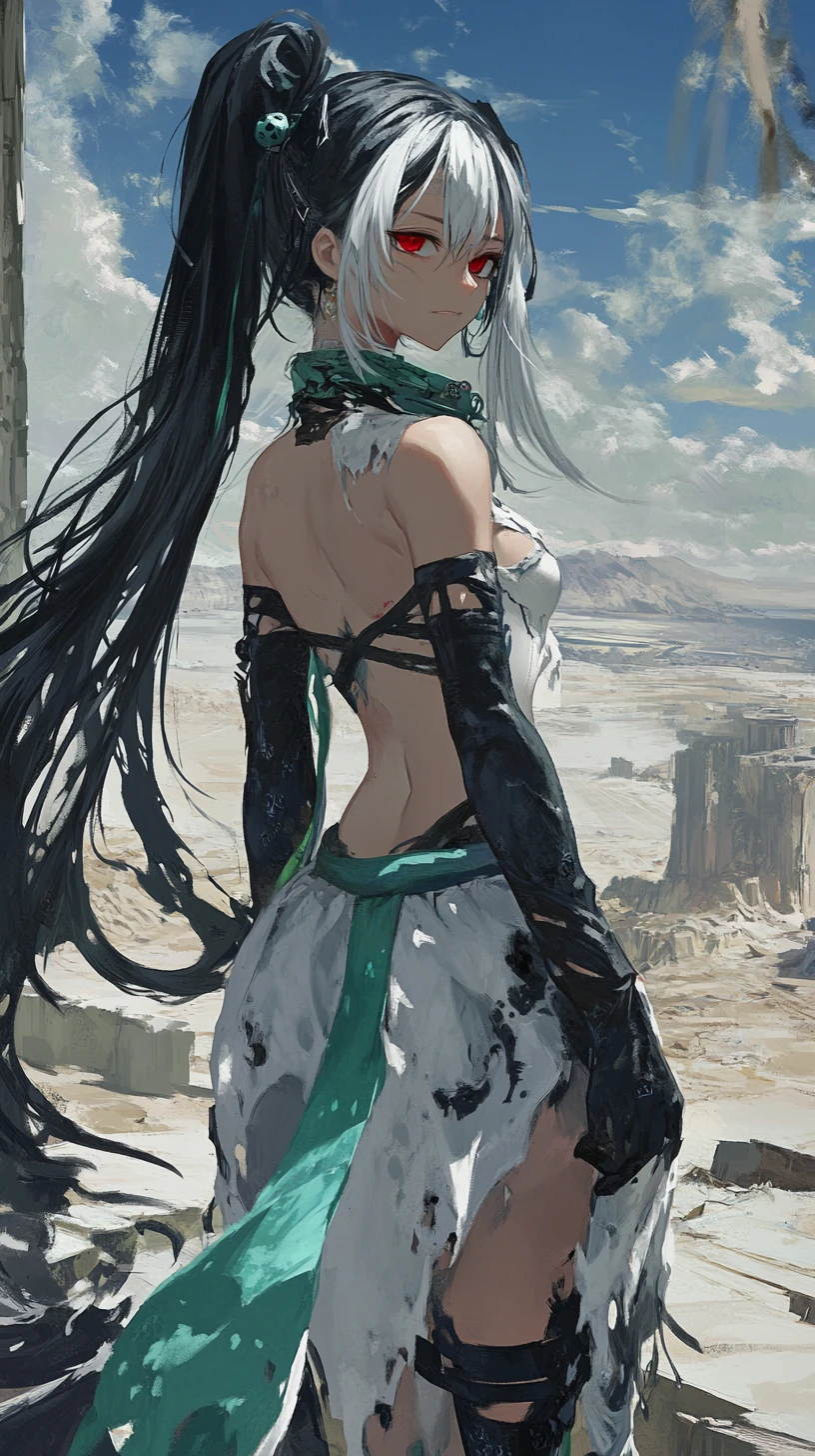 塔樓陽台上的動漫少女俯瞰沙漠廢墟