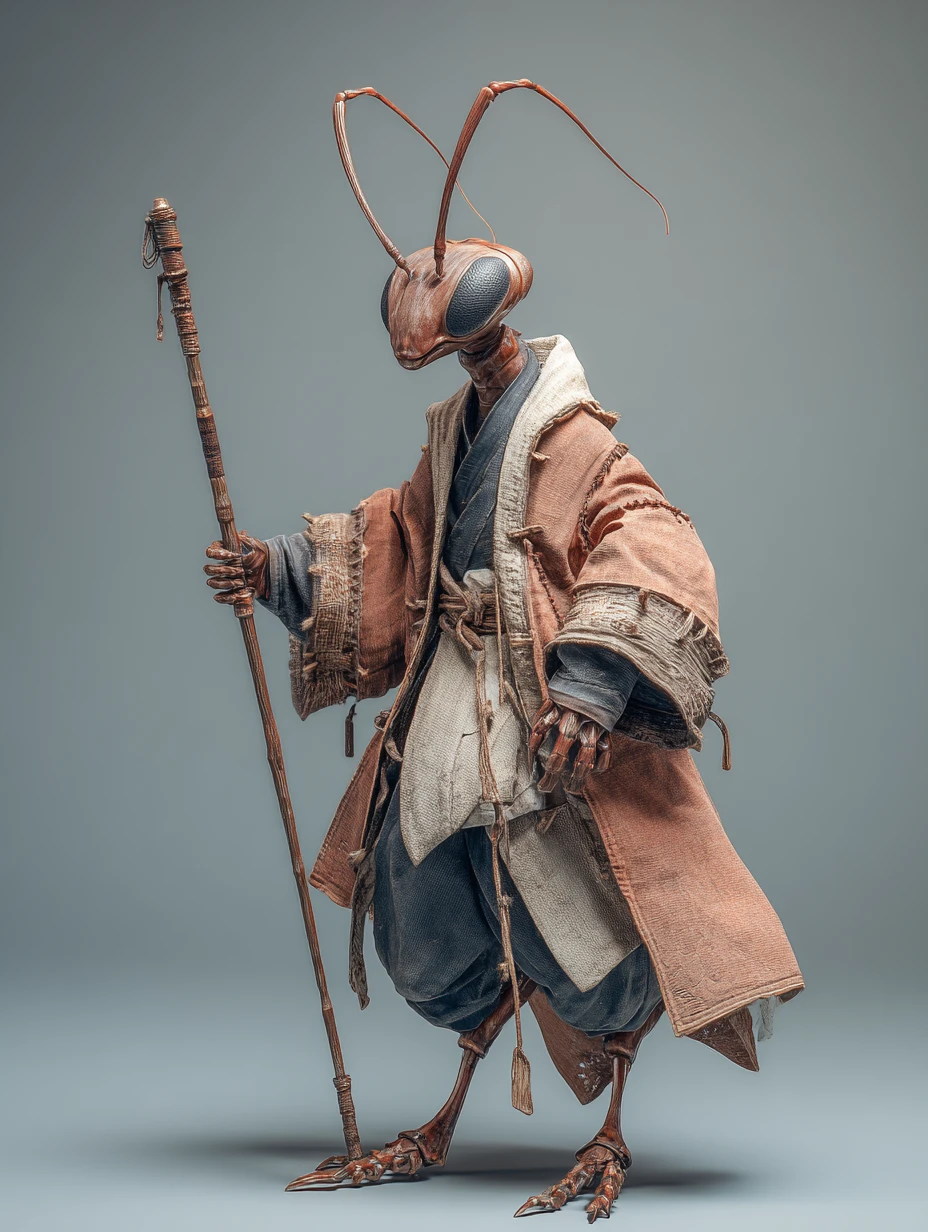 Sorcier humanoïde fourmi sage tenant un bâton en art 3D