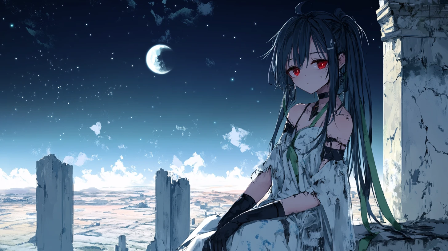 Garota de anime em uma varanda de torre com vista para ruínas do deserto à noite