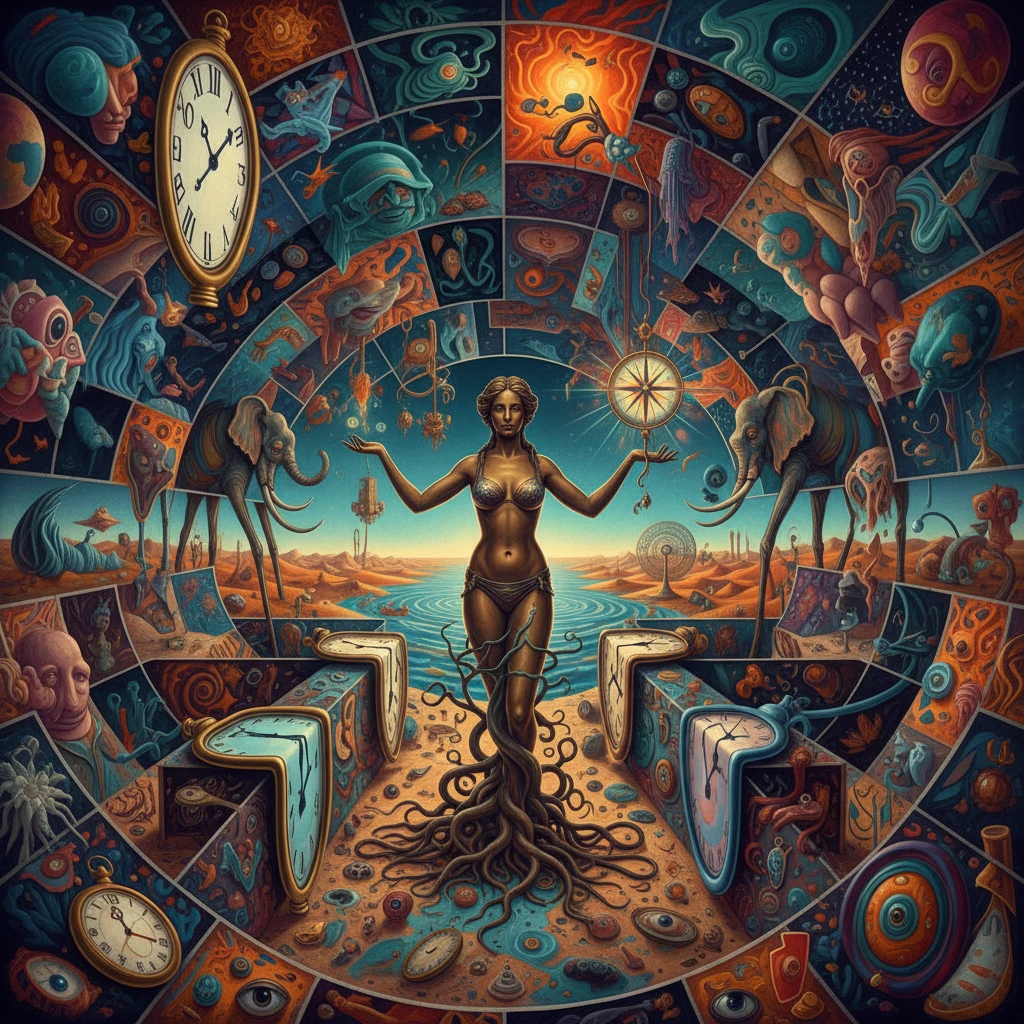 Surreal psychedelic maze with bronze bikini statue woman