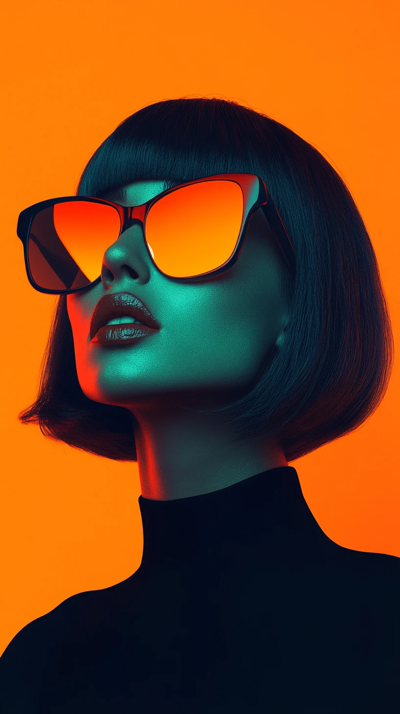 Mujer turquesa con gafas de sol cat eye sobre fondo naranja