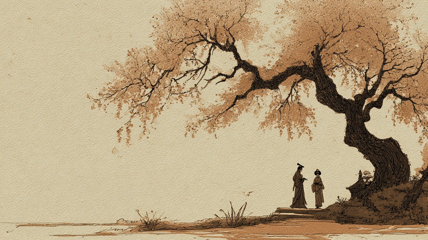 Cartão‑postal vintage de jardim com gueixa e samurai ao vento