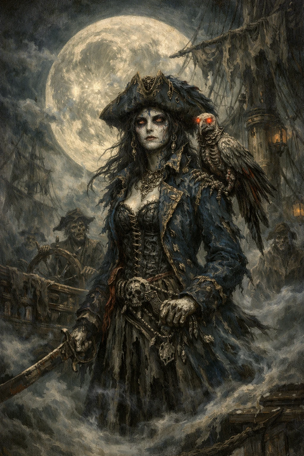 Reine Pirate Mort-Vivante sur un Galion Fantomatique à Minuit