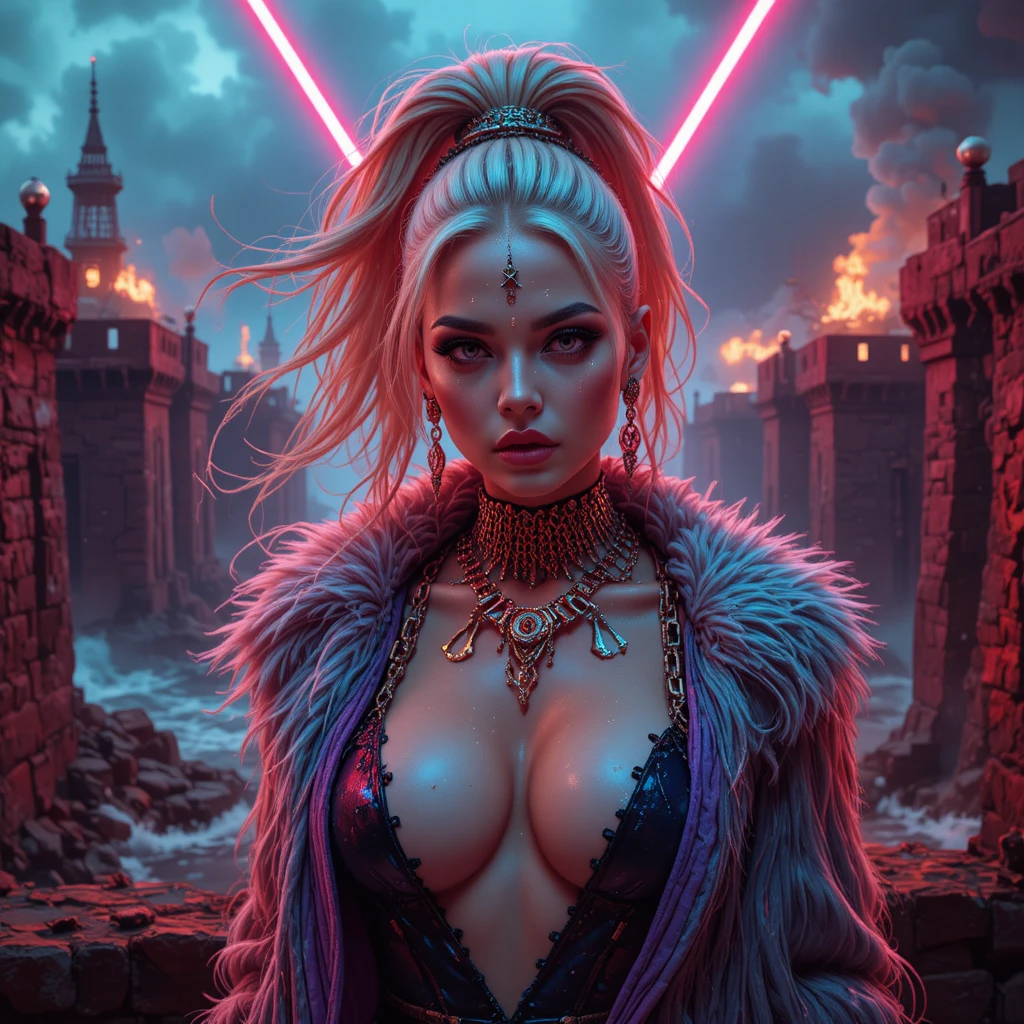 Cyberpunk pirate queen under neon lasers in fortress