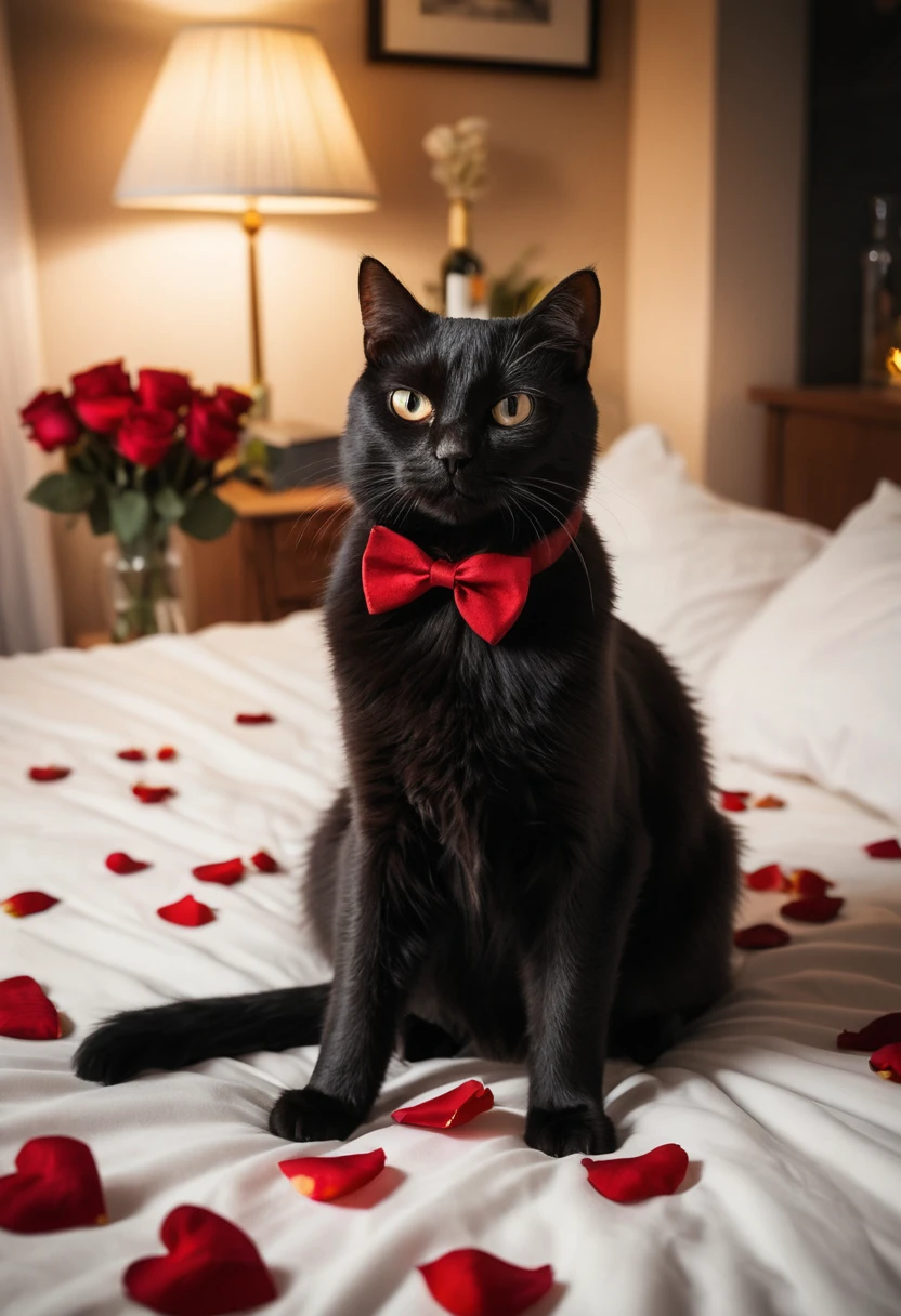 Chat noir joueur sur un lit romantique d’hiver
