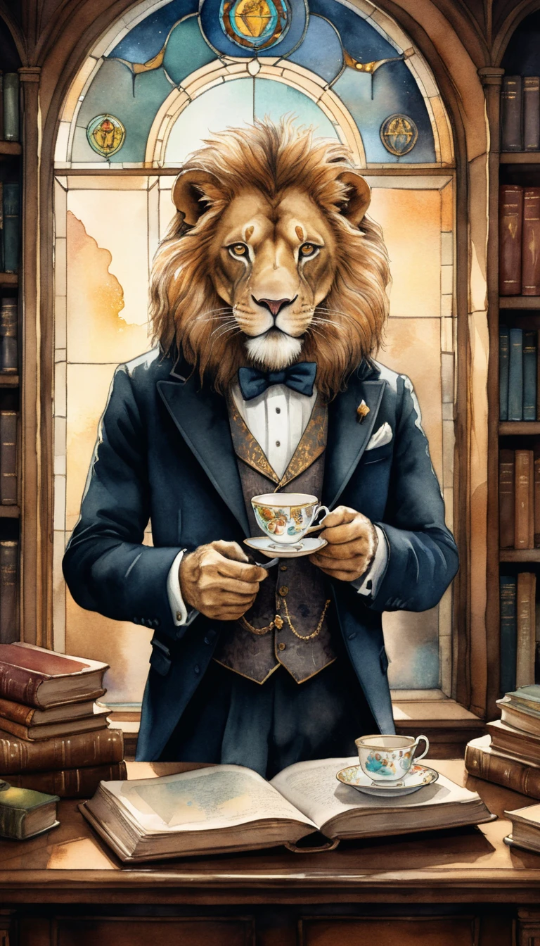 Leão elegante tomando chá em uma biblioteca mágica ao luar