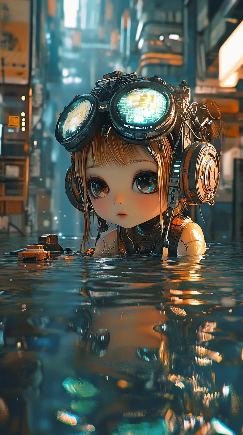 Tartaruga chibi futuristica con impianti cibernetici in acqua