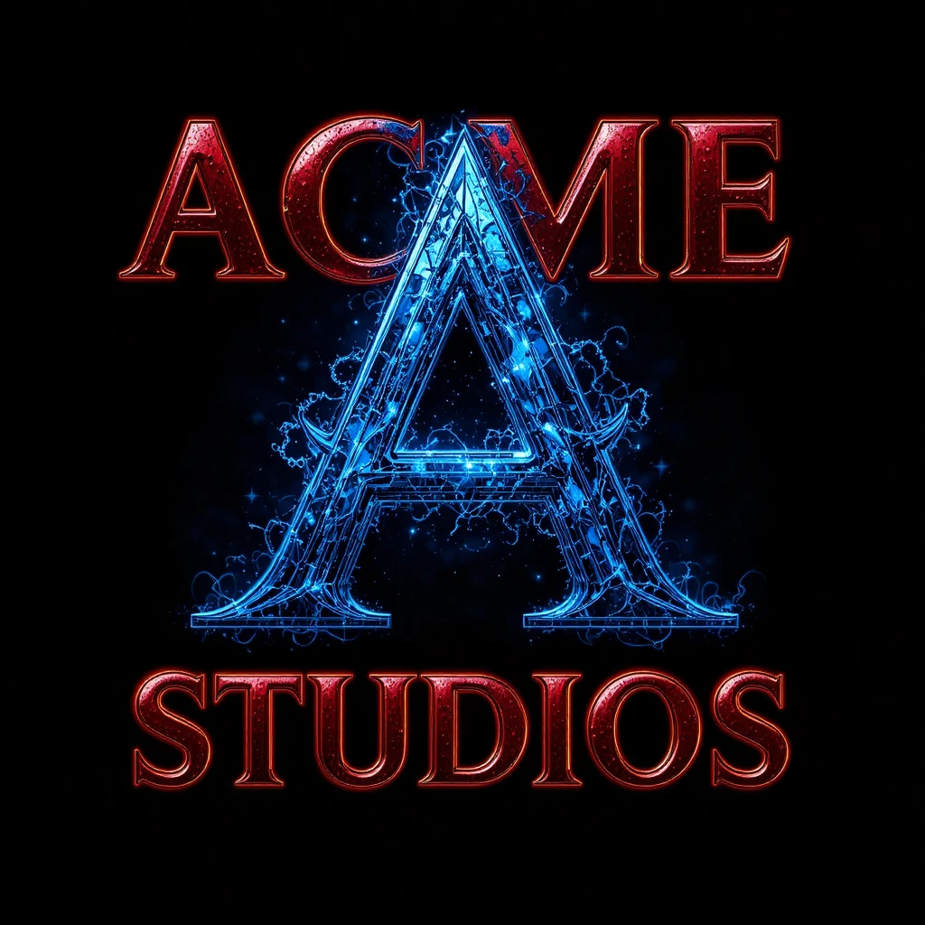 Logotipo de estúdio vermelho brilhante com monograma azul em fundo preto estrelado