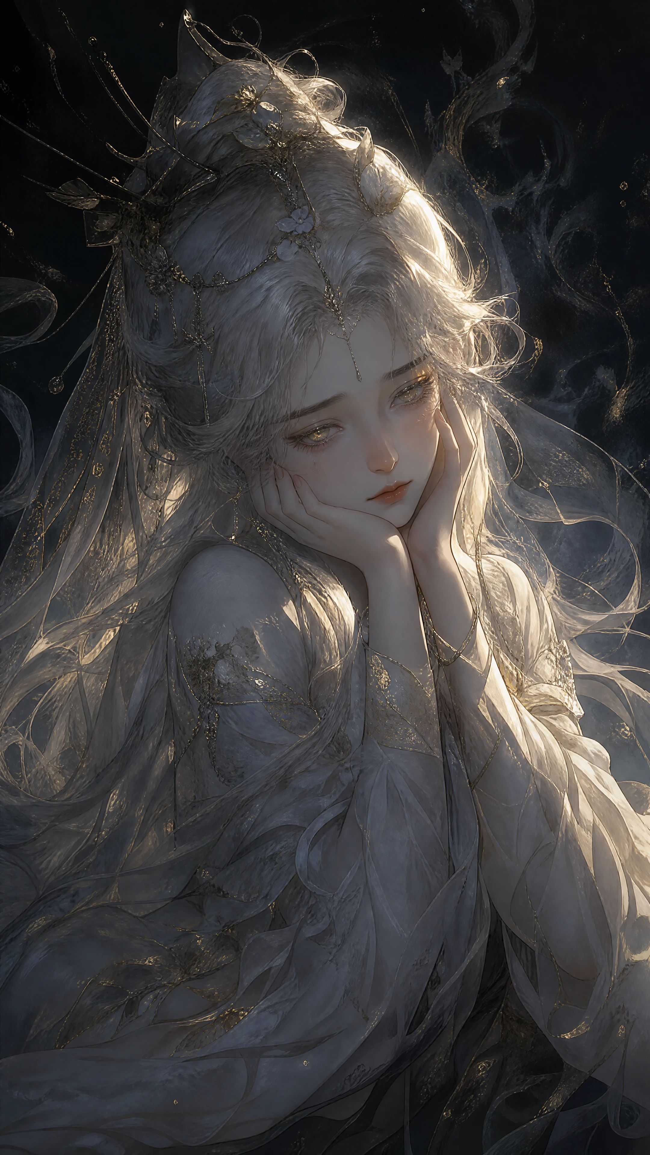 Jeune fille mélancolique aux cheveux lumineux dans un portrait sombre et éthéré