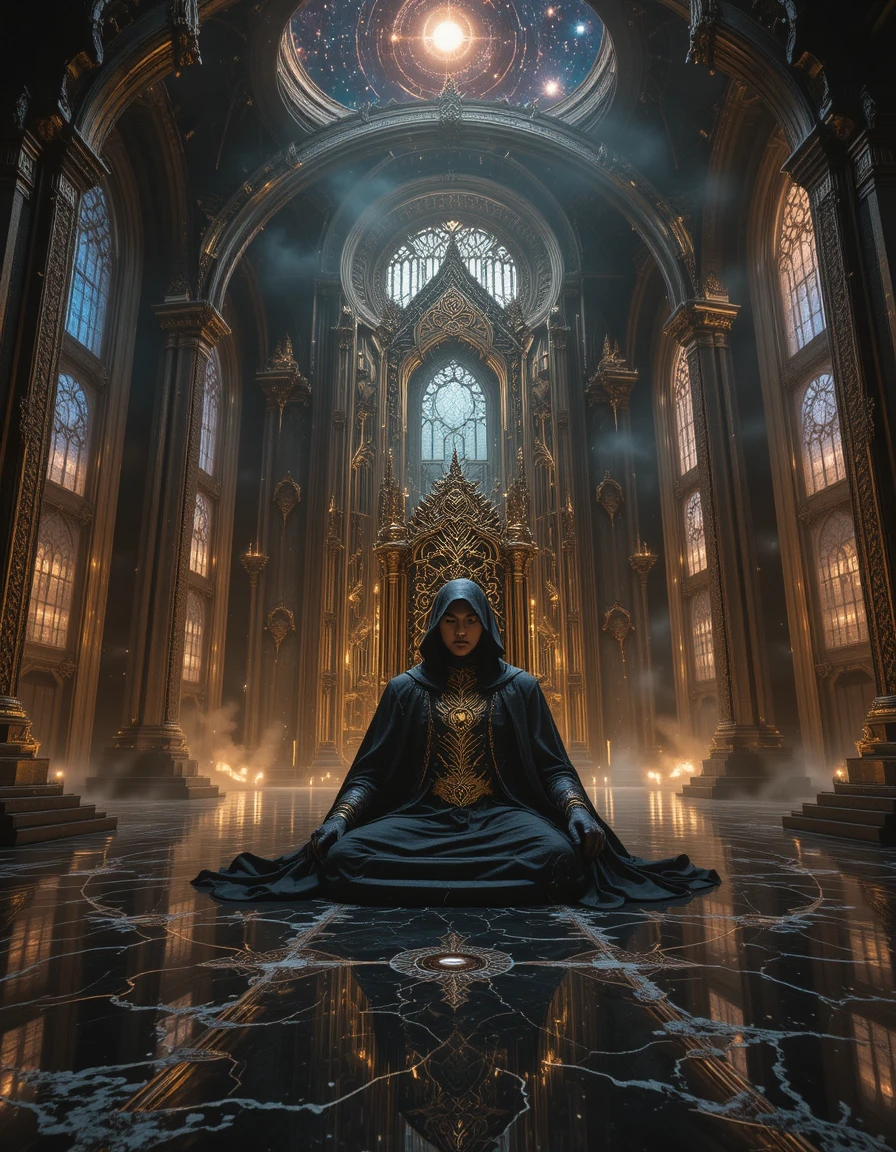 Post human emperor on a throne within a vast cosmic hall