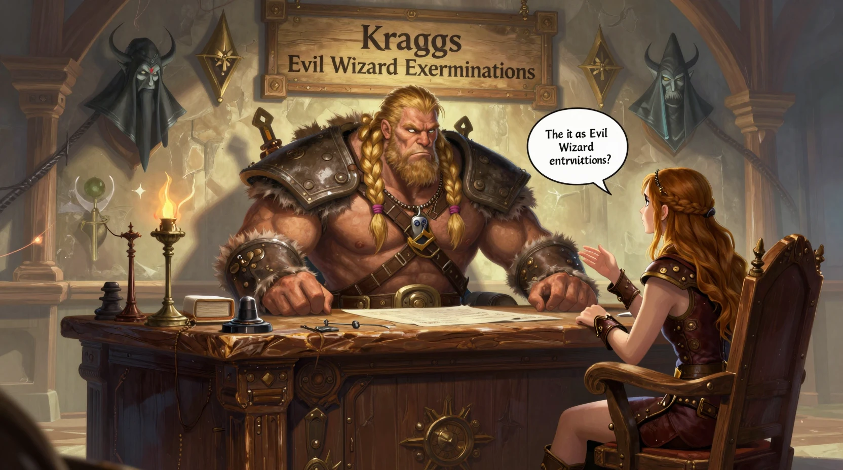 Bárbaro musculoso em uma mesa de escritório de caçadores de magos